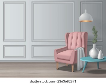 Realistic living room interior composition with armchair lamp and plant in vase vector illustration