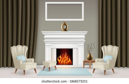 Realistic living room interior concept with vases, fireplace, frame for picture, curtains and carpet between soft armchairs, vector illustration.