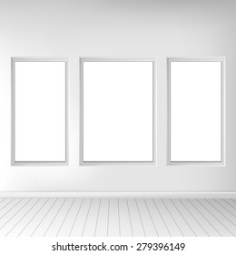 Realistic living room interior. Exposition of paintings on the wall. Vector illustration