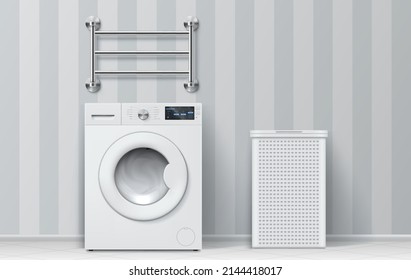 Realistic loaded washing machine with laundry basket and dryer battery equipment vector illustration. Contemporary electric household appliance for clothes cleaning at bathroom interior