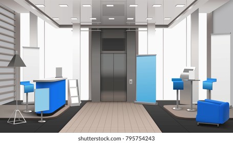 Realistic lobby interior, lift zone, in grey color with blue elements including reception desk, armchair vector illustration