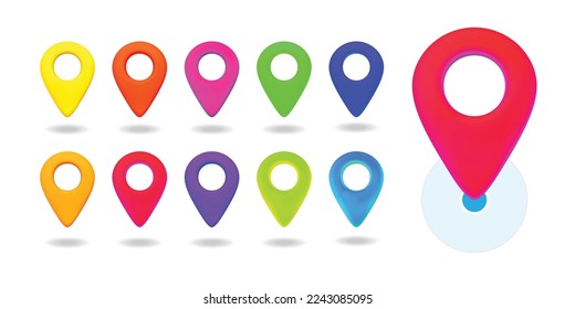 Realistic Location map pin GPS pointer markers for destination. 3D Style Set of bright map pointers. Icon isolated on white background. Vector illustration