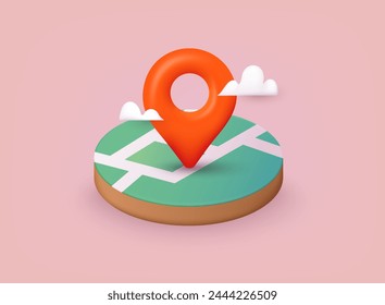 Realistic location map pin gps pointer markers for destination. Folded maps navigation, red pin location icon on building city street roads design background. 3D Web Vector Illustrations.