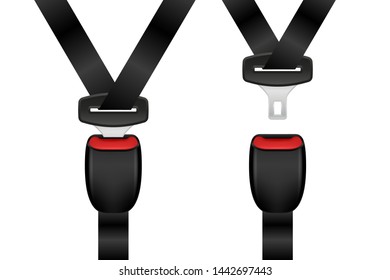 Realistic locked and unlocked seat belt set. Open and closed automobile seat belts isolated on a white background.