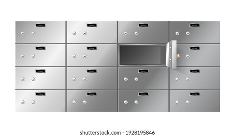 Realistic lockers, bank safe boxes for secured storage 3d. Set of steel vaults for individual usage in underground or basement storage with code locks. 3d vector illustration.