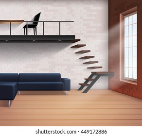 Realistic loft interior concept in minimalistic style with sofa stairs table and chair vector illustration