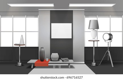 Realistic loft interior with windows on ceiling, red cloth on table, picture frame on wall vector illustration