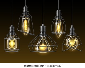 Realistic loft lamps. Glowing light bulbs. Black carcass lampshades. Illuminated lantern. Interior lighting. Vintage Edison design objects. Vector hanging on electric