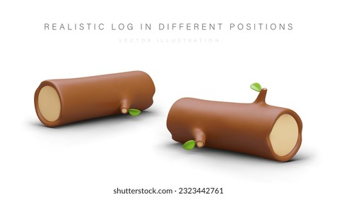 Realistic log in different positions. Sawn tree trunks with green leaves. Materials for forestry, lumber industry. Isolated vector image on white background. 3D illustration with shadows