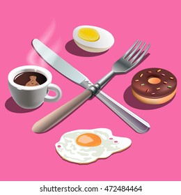 realistic logo of breakfast with eggs, donut and coffee