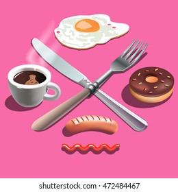 realistic logo of breakfast with eggs, sausage, donut and coffee