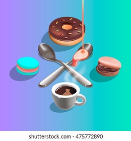 realistic logo of teaspoon, baking, macaroon and coffee