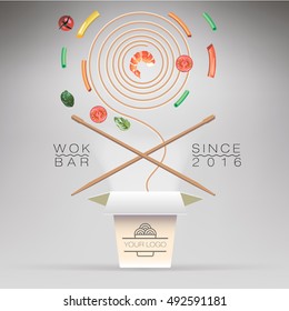 realistic logotype of buckwheat noodles, egg noodles,rice noodles in wok box with shrimps and vegetables