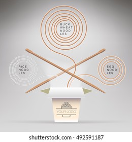 realistic logotype of buckwheat noodles, egg noodles,rice noodles in wok box
