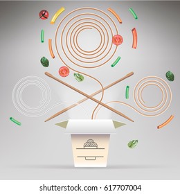 realistic logotype of buckwheat noodles, egg noodles,rice noodles in wok box