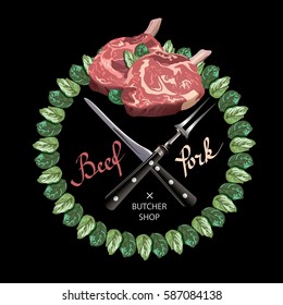 realistic logotype illustration of meat with cutlery for butcher shop and steak house