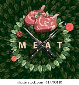 realistic logotype illustration of meat with cutlery for butcher shop and steak house on leaves