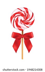 Realistic lollipop red bow composition with isolated image of candy on stick with round top vector illustration