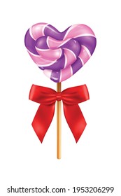 Realistic lollipop red bow composition with isolated image of candy on stick with heart shaped top vector illustration