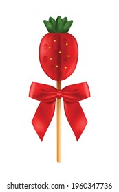 Realistic lollipop red bow composition with isolated image of strawberry shaped candy on stick vector illustration