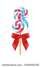 Realistic lollipop red bow composition with isolated image of candy on stick with letter shape vector illustration