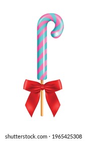 Realistic lollipop red bow composition with isolated image of candy on stick vector illustration