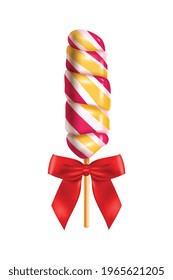 Realistic lollipop red bow composition with isolated image of striped candy on stick vector illustration