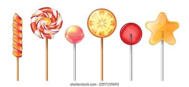 Realistic lollipop sweets set of isolated icons with candies on sticks of various colors and shapes vector illustration