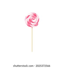 Realistic lollipop. Vector isolated illustration of pink striped swirl glossy candy on stick. Three-dimensional sweet icon