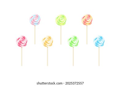 Realistic lollipops set. Vector isolated illustration of multicolored three-dimensional striped swirl glossy candies on sticks