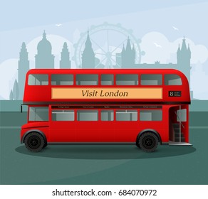 Realistic london double decker bus with lettering on grey background with silhouettes of landmarks vector illustration