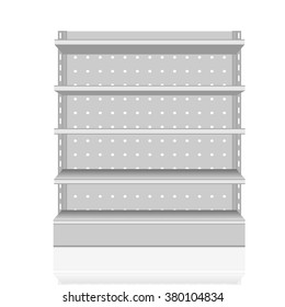 Realistic long empty displays with shelves for supermarket on white background. Vector illustration 
