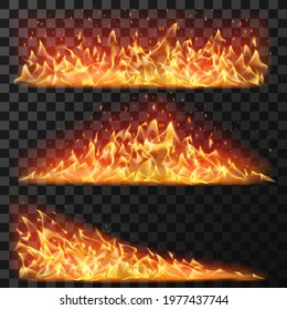Realistic long fire. Horizontal bright flames and flare sparks for burning effect. Bonfire blaze elements for banners, isolated vector set. Illustration blazing flare, ignite fiery, danger red fire
