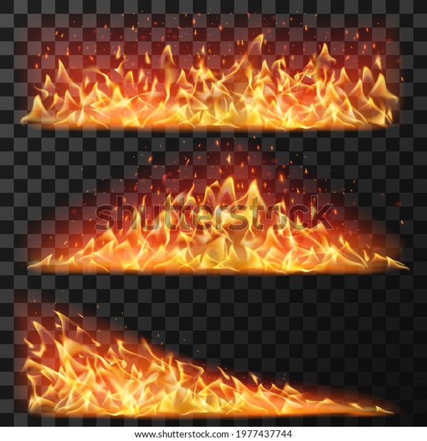 Realistic long fire. Horizontal bright flames and\
flare sparks for burning effect. Bonfire blaze elements for\
banners, isolated vector set. Illustration blazing flare, ignite\
fiery, danger red\
fire