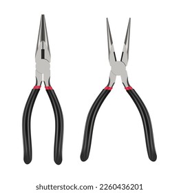 Realistic long nose pliers in open and closed positions. Hand Tool vector illustration isolated on white background.