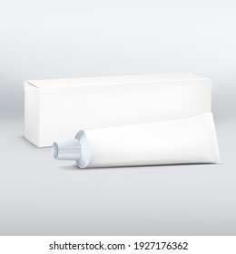 Realistic long White paper or cardboard box and tube mockup for toothpaste, cosmetics, cream. Packaging collection. Box and tube Design Template. Vector illustration isolated on white background. Here