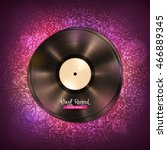 Realistic long-playing (LP) vinyl record. Vintage vinyl gramophone record, dark backdrop with disco lights. Disco, party, club, dance, music poster.  Illustration for banner, flyer, billboard concerts
