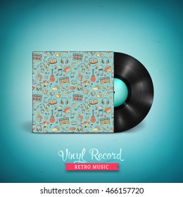 Realistic long-playing (LP) vinyl record. Vintage vector vinyl  gramophone record with cover mockup . Creative musical pattern. Illustration for banner, flyer, poster, billboard music concerts