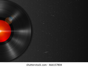 Realistic long-playing (LP) vinyl record with red label. Vintage vinyl gramophone record on dark grunge backdrop. Retro music poster, place for text. Illustration for banner, flyer, billboard concerts