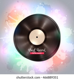 Realistic long-playing (LP) vinyl record. Vintage vinyl gramophone record, backdrop with disco lights. Disco, party, club, dance, music poster.  Illustration for banner, flyer, billboard concerts