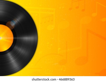 Realistic long-playing (LP) vinyl record with yellow label. Vintage vinyl gramophone record, backdrop with notes. Retro music poster, place for text. Illustration for banner, flyer, billboard concerts