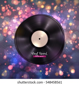 Largo y realista disco vinílico LP. Gramófonos sobre fondo difuminado colorido con efectos de luz, partículas de boquilla, brillantes y brillantes. Cartel de música, baile o discoteca