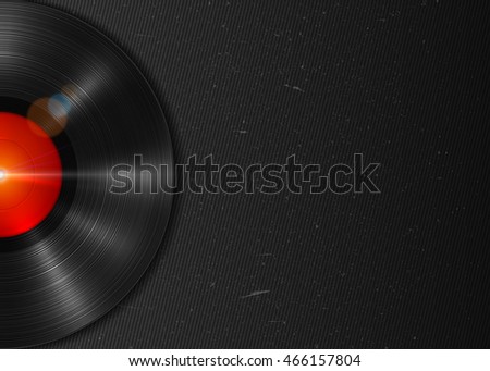 Realistic long-playing (LP) vinyl record with red label. Vintage vinyl gramophone record on dark grunge backdrop. Retro music poster, place for text. Illustration for banner, flyer, billboard concerts