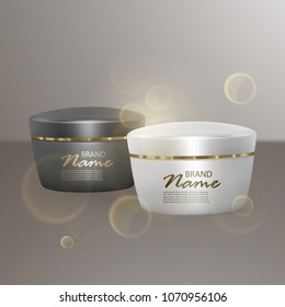 A realistic look cosmetic templates for ads, realistic 3d black and white matte tube and cosmetic bank on light background vector eps 10 illustration for design and print.