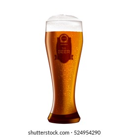Realistic looking beer glass with white foam. Golden looking drink. Distillery label on glass.