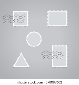 Realistic looking postage stamps, isolated on grey background, vector illustration. Easy to use for your design with transparent shadows.