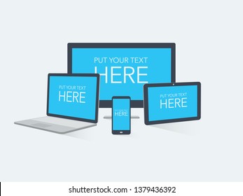 Realistic Looking Set Of Devices Mockup With Computer, Tablet, Phone And Laptop In Different Angles. Flat Design Style.