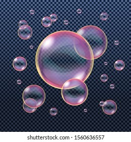 Realistic looking soap or shampoo bubbles with rainbow reflection isolated on transparent background. Vector illustration.