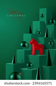 Realistic looking vector illustration with Christmas tree made of green boxes decorated with green glass ornaments and red Scandinavian horse.