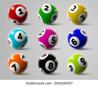 Realistic Lottery Bingo Or Keno Game Balls With Numbers. 3d Lotto Or Billiard Ball. Lucky Gambling Sport, Casino Lottery Spheres Vector Set. Illustration Of Bingo Game, Lottery Gambling